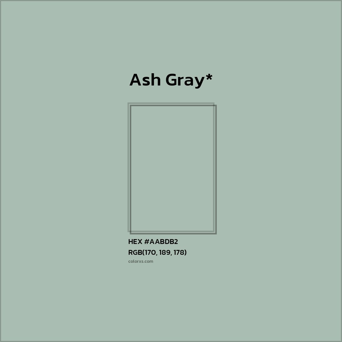 #AABDB2 hex color. RGB, RYB, CMYK, HSL, HSV codes and color conversions. Matching color names, palettes, paints.