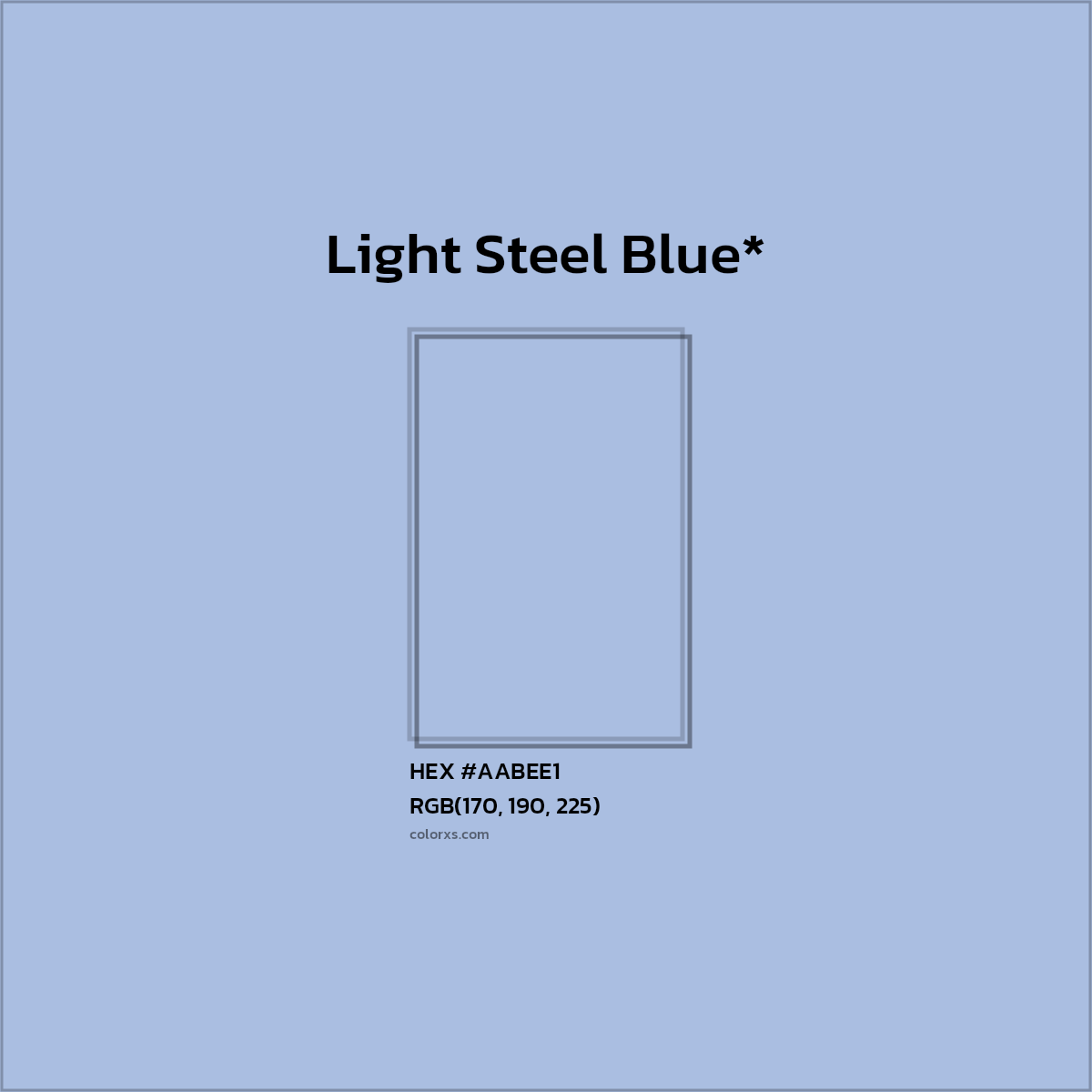 #AABEE1 hex color. RGB, RYB, CMYK, HSL, HSV codes and color conversions. Matching color names, palettes, paints.