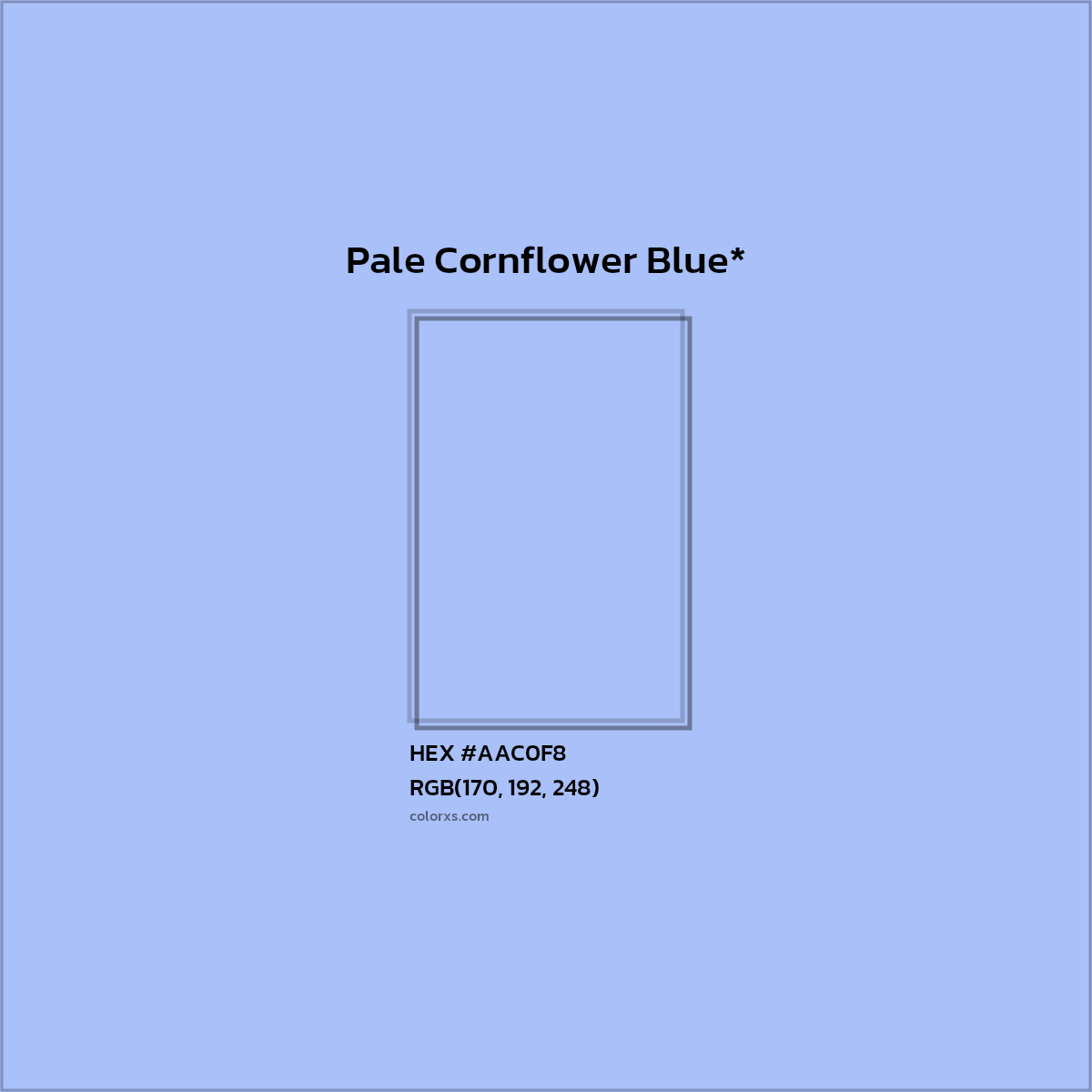 #AAC0F8 hex color. RGB, RYB, CMYK, HSL, HSV codes and color conversions. Matching color names, palettes, paints.