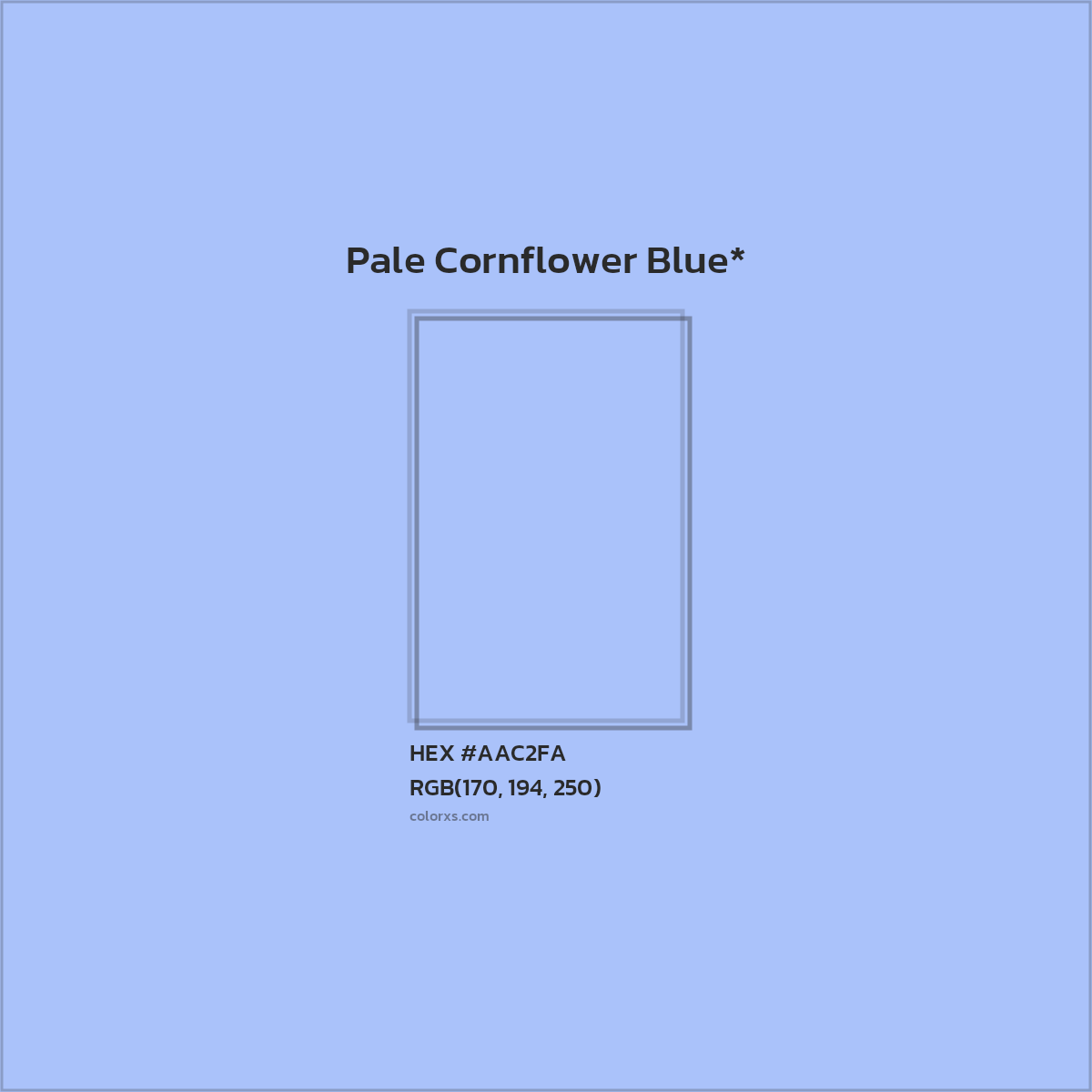 #AAC2FA hex color. RGB, RYB, CMYK, HSL, HSV codes and color conversions. Matching color names, palettes, paints.