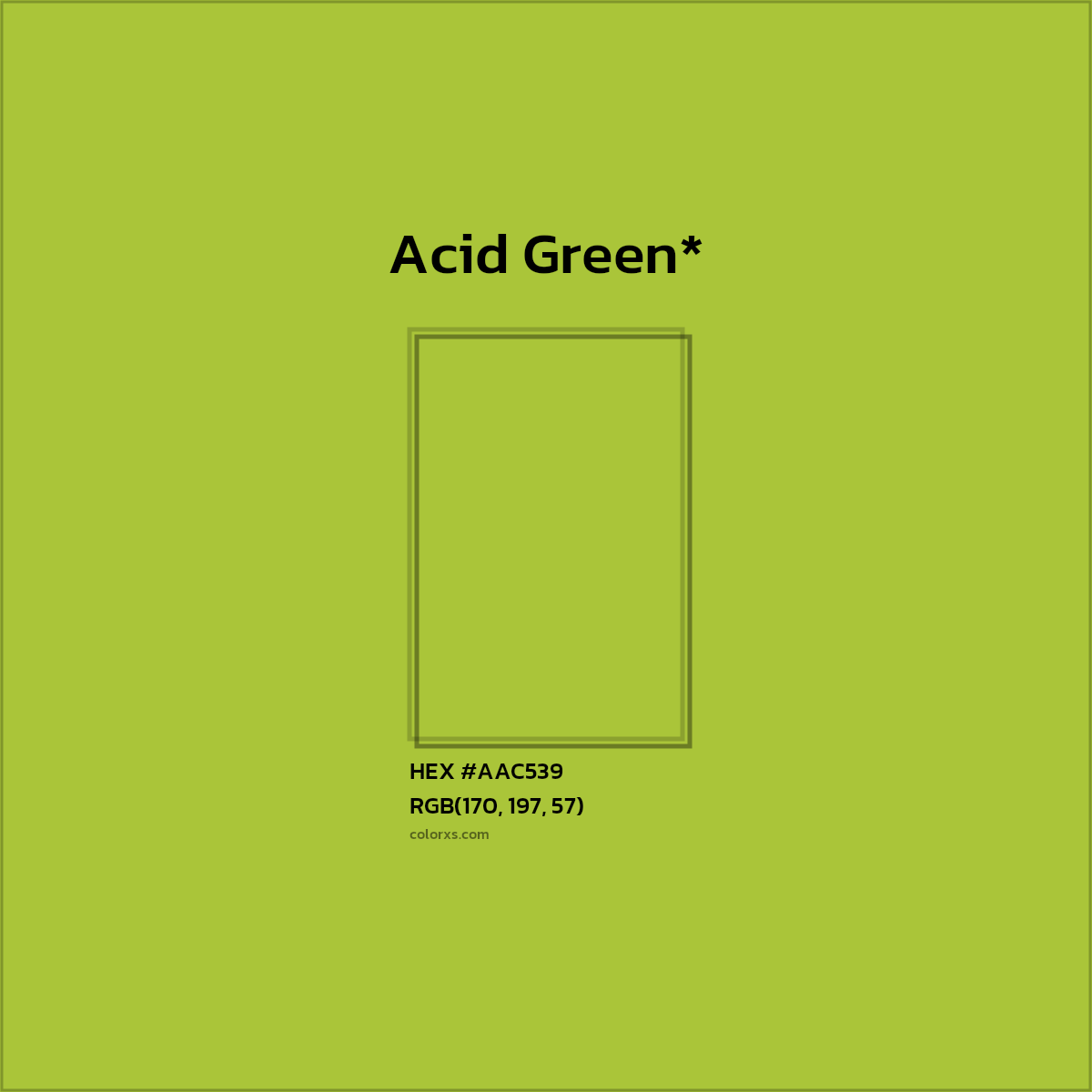 #AAC539 hex color. RGB, RYB, CMYK, HSL, HSV codes and color conversions. Matching color names, palettes, paints.