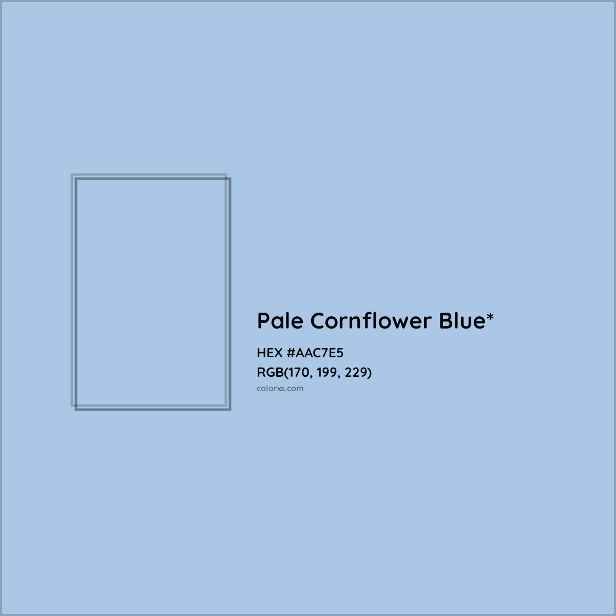 #AAC7E5 hex color. RGB, RYB, CMYK, HSL, HSV codes and color conversions. Matching color names, palettes, paints.