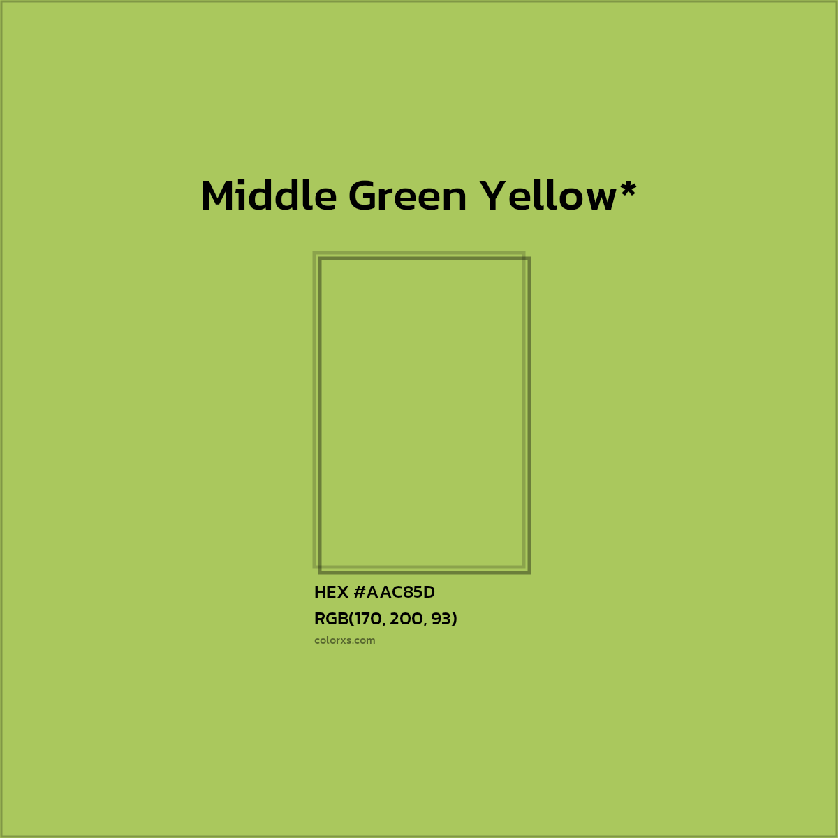 #AAC85D hex color. RGB, RYB, CMYK, HSL, HSV codes and color conversions. Matching color names, palettes, paints.