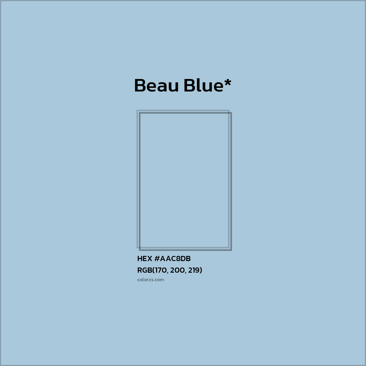 #AAC8DB hex color. RGB, RYB, CMYK, HSL, HSV codes and color conversions. Matching color names, palettes, paints.
