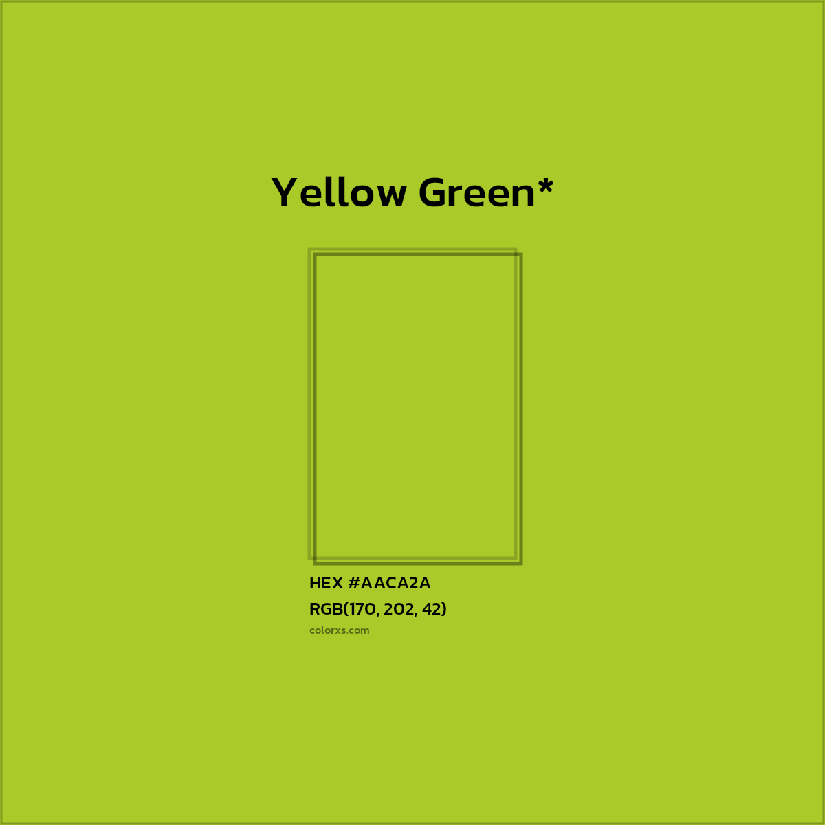 #AACA2A hex color. RGB, RYB, CMYK, HSL, HSV codes and color conversions. Matching color names, palettes, paints.