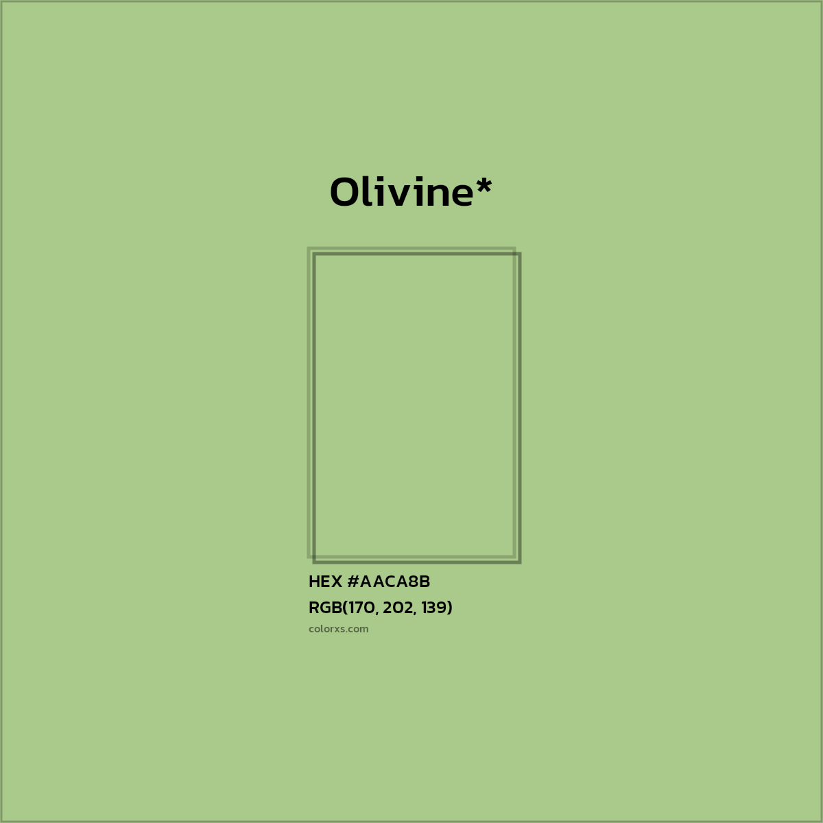#AACA8B hex color. RGB, RYB, CMYK, HSL, HSV codes and color conversions. Matching color names, palettes, paints.