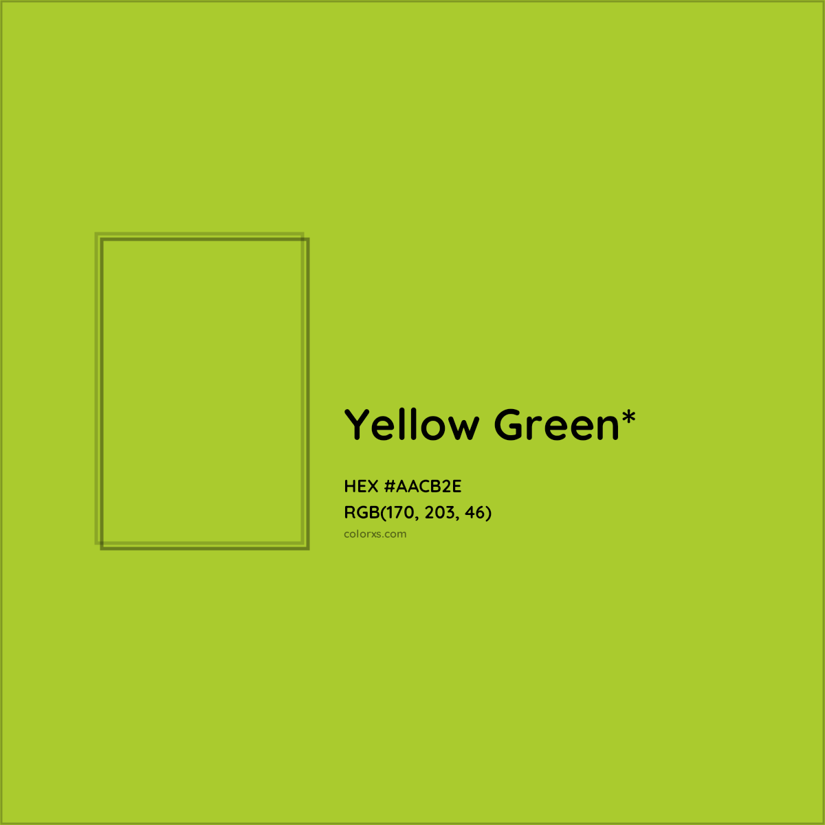 #AACB2E hex color. RGB, RYB, CMYK, HSL, HSV codes and color conversions. Matching color names, palettes, paints.