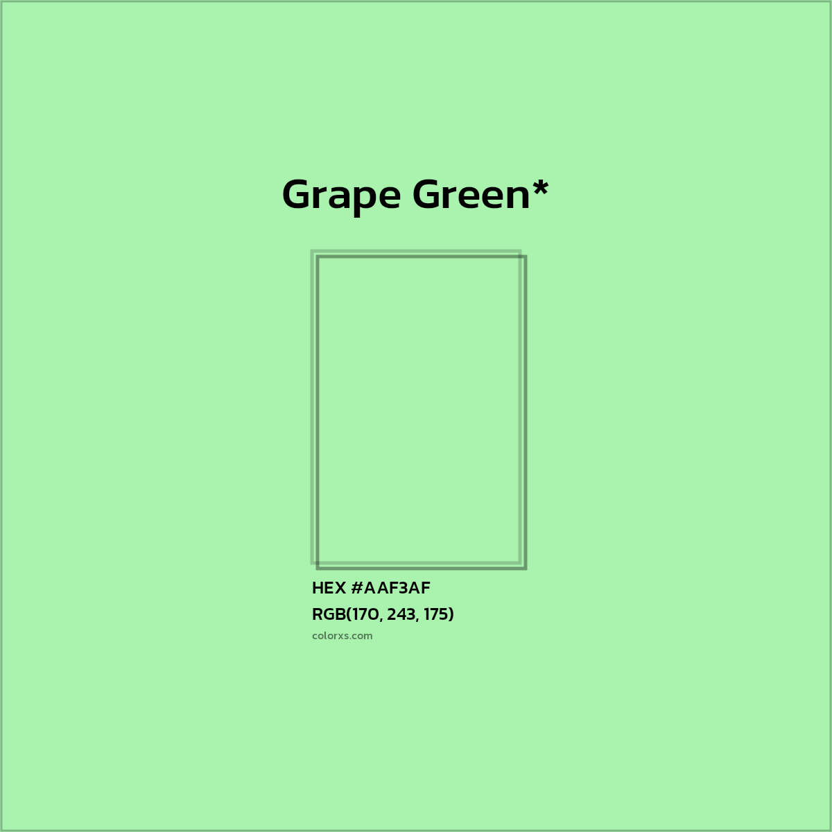 #AAF3AF hex color. RGB, RYB, CMYK, HSL, HSV codes and color conversions. Matching color names, palettes, paints.