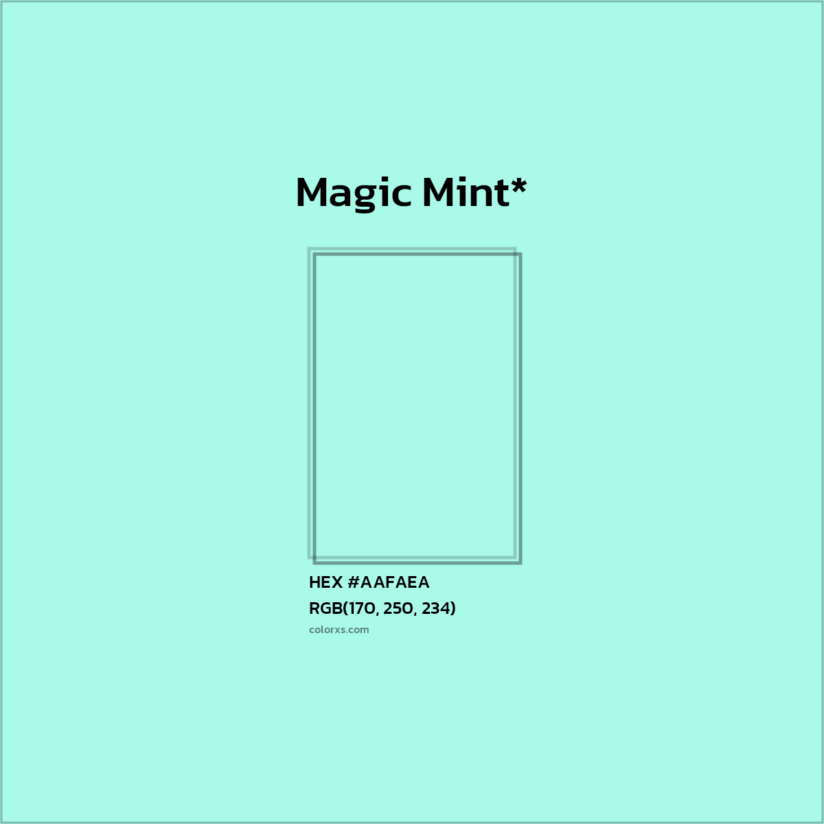 #AAFAEA hex color. RGB, RYB, CMYK, HSL, HSV codes and color conversions. Matching color names, palettes, paints.