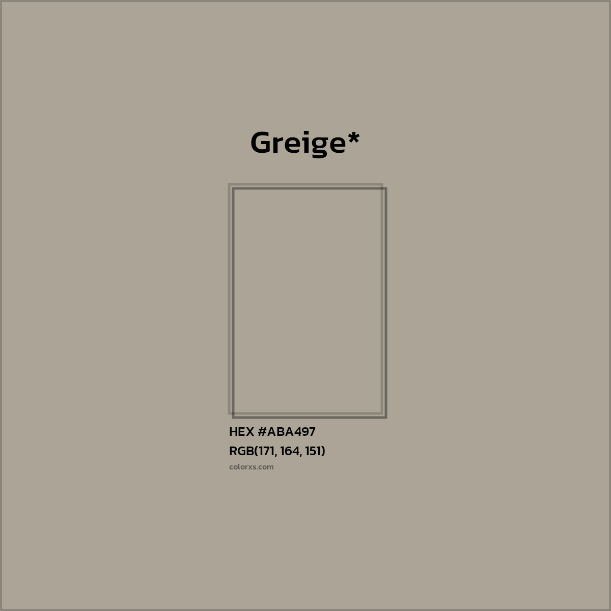 #ABA497 hex color. RGB, RYB, CMYK, HSL, HSV codes and color conversions. Matching color names, palettes, paints.