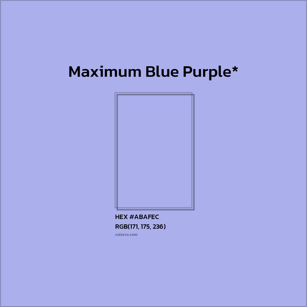#ABAFEC hex color. RGB, RYB, CMYK, HSL, HSV codes and color conversions. Matching color names, palettes, paints.