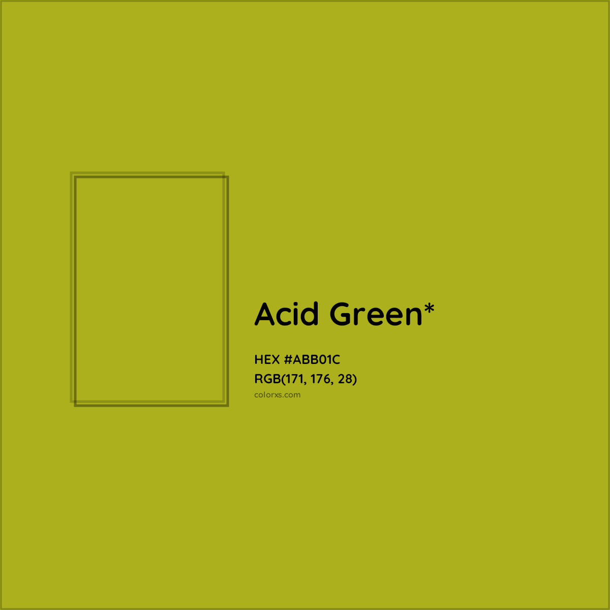 #ABB01C hex color. RGB, RYB, CMYK, HSL, HSV codes and color conversions. Matching color names, palettes, paints.