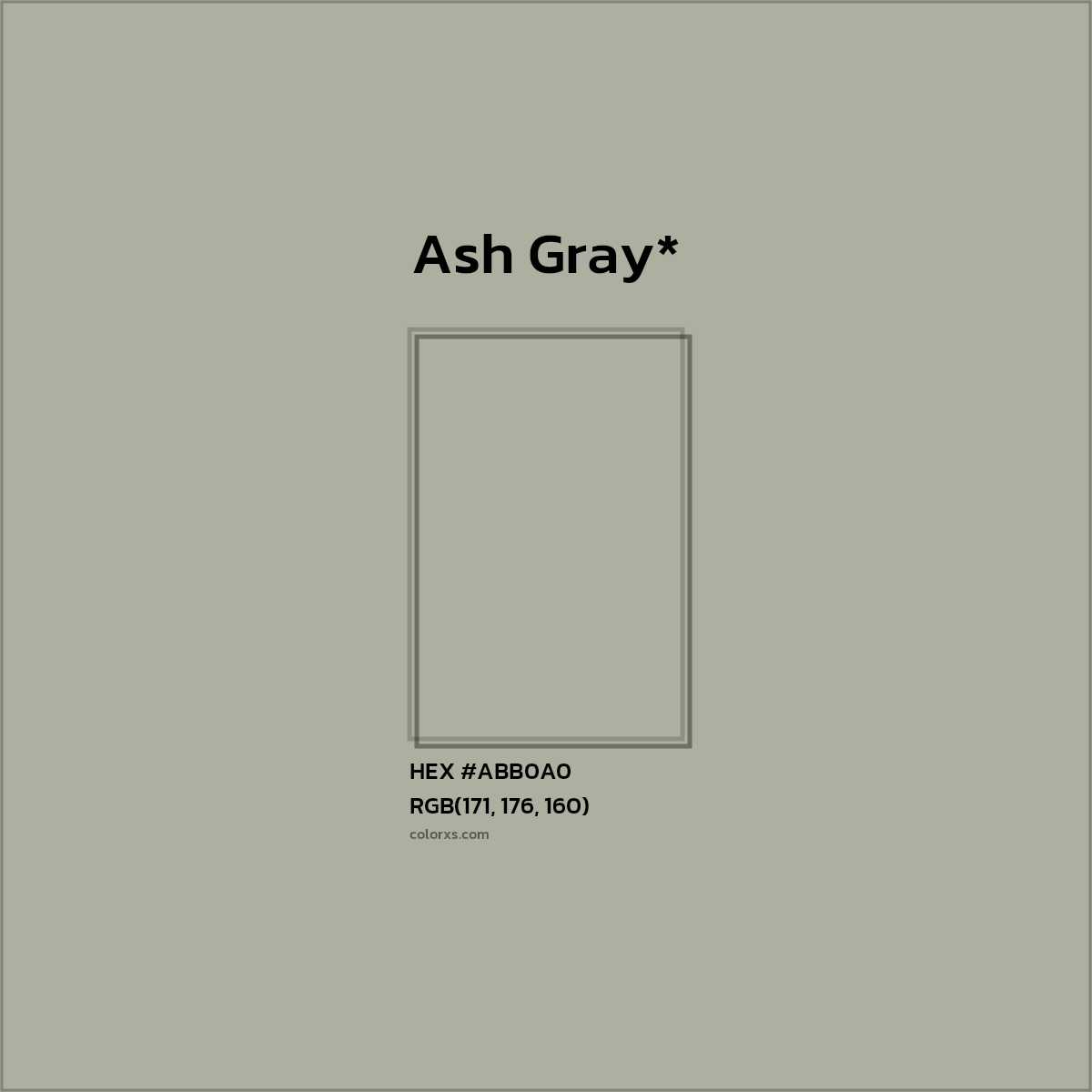 #ABB0A0 hex color. RGB, RYB, CMYK, HSL, HSV codes and color conversions. Matching color names, palettes, paints.