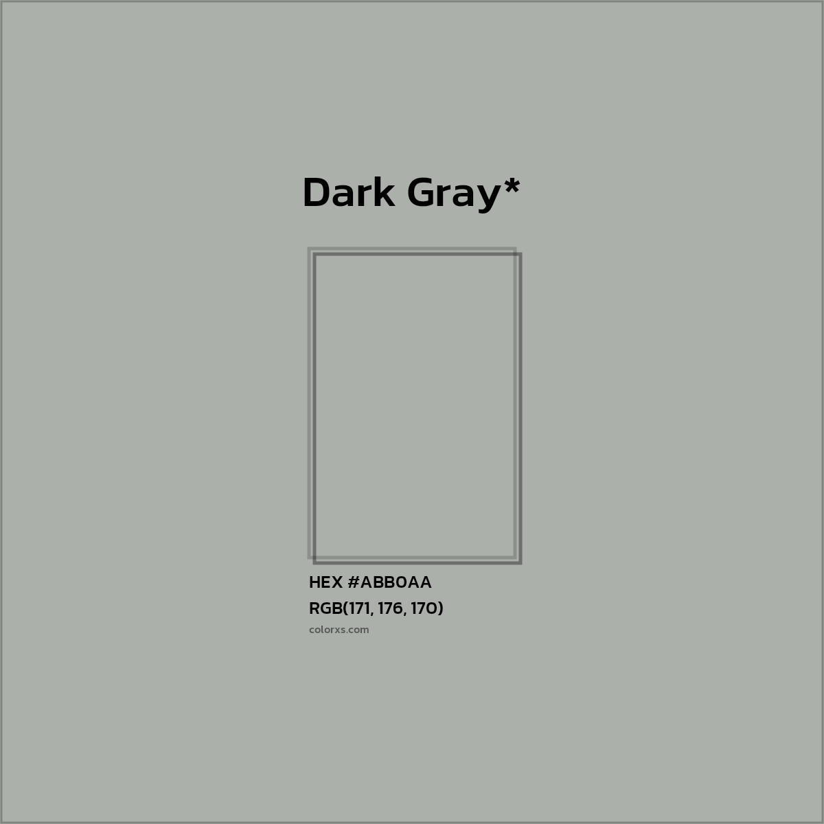 #ABB0AA hex color. RGB, RYB, CMYK, HSL, HSV codes and color conversions. Matching color names, palettes, paints.