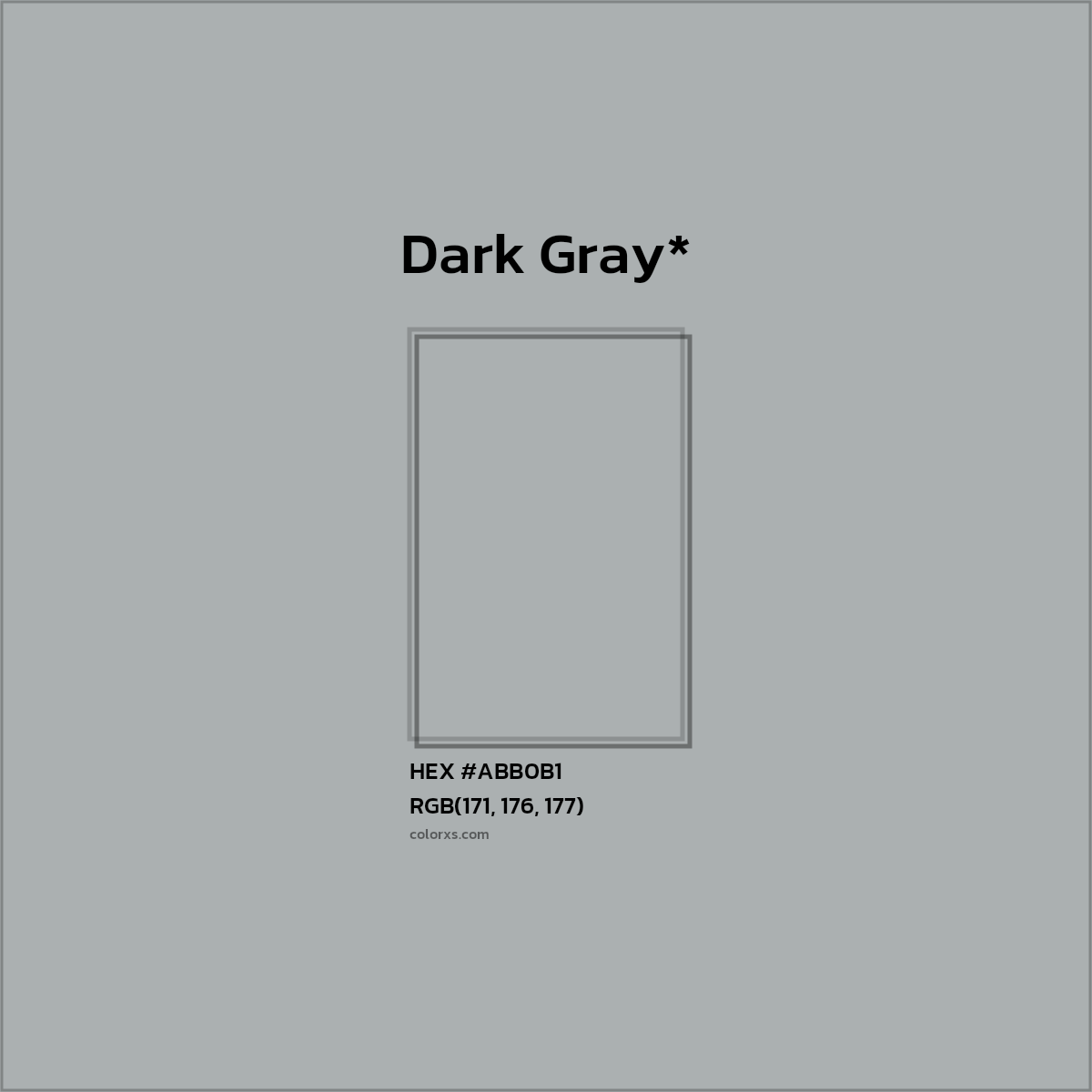 #ABB0B1 hex color. RGB, RYB, CMYK, HSL, HSV codes and color conversions. Matching color names, palettes, paints.