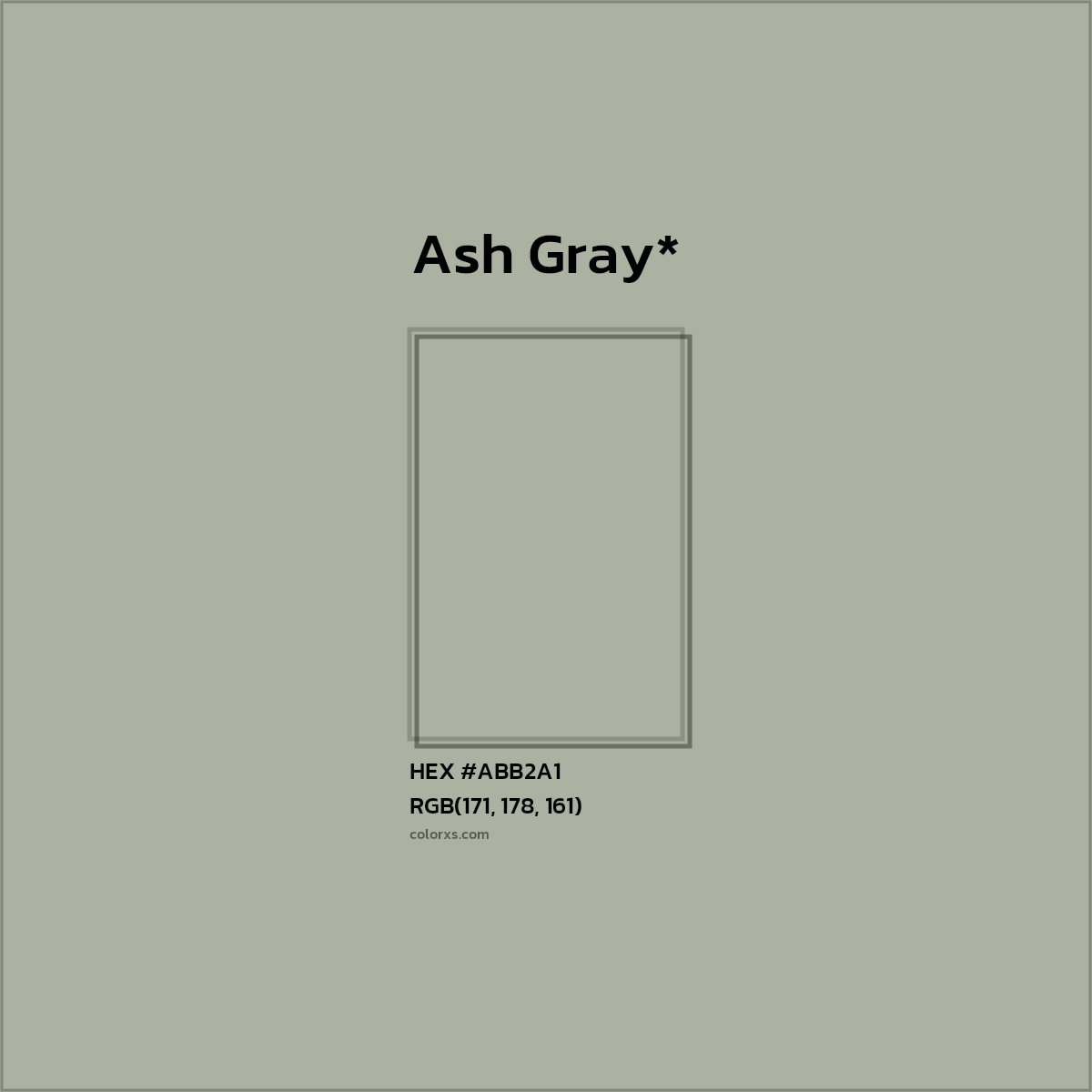 #ABB2A1 hex color. RGB, RYB, CMYK, HSL, HSV codes and color conversions. Matching color names, palettes, paints.