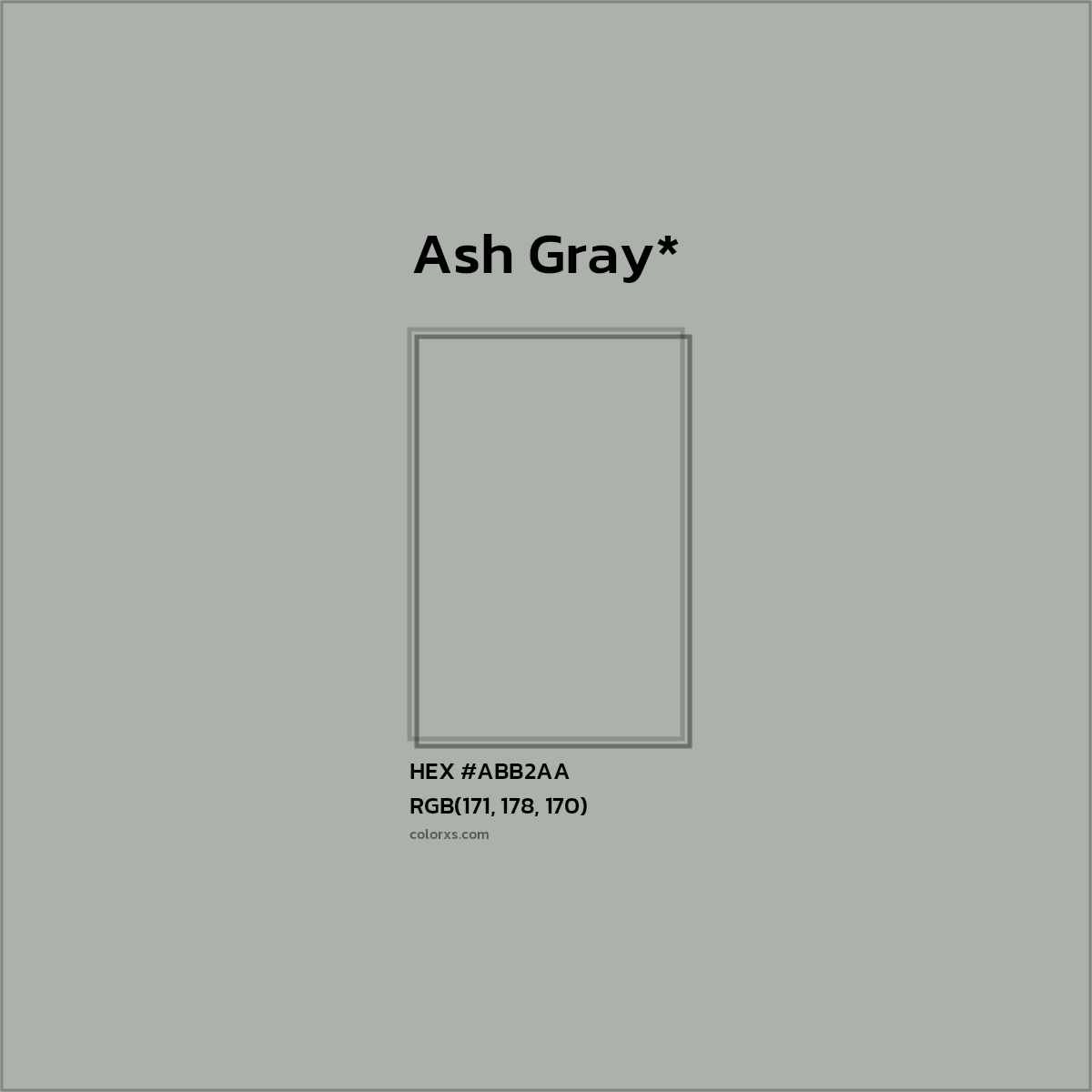 #ABB2AA hex color. RGB, RYB, CMYK, HSL, HSV codes and color conversions. Matching color names, palettes, paints.