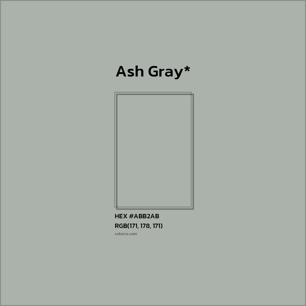 #ABB2AB hex color. RGB, RYB, CMYK, HSL, HSV codes and color conversions. Matching color names, palettes, paints.