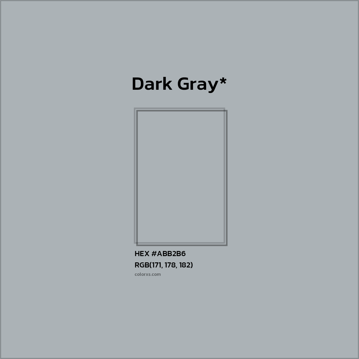 #ABB2B6 hex color. RGB, RYB, CMYK, HSL, HSV codes and color conversions. Matching color names, palettes, paints.