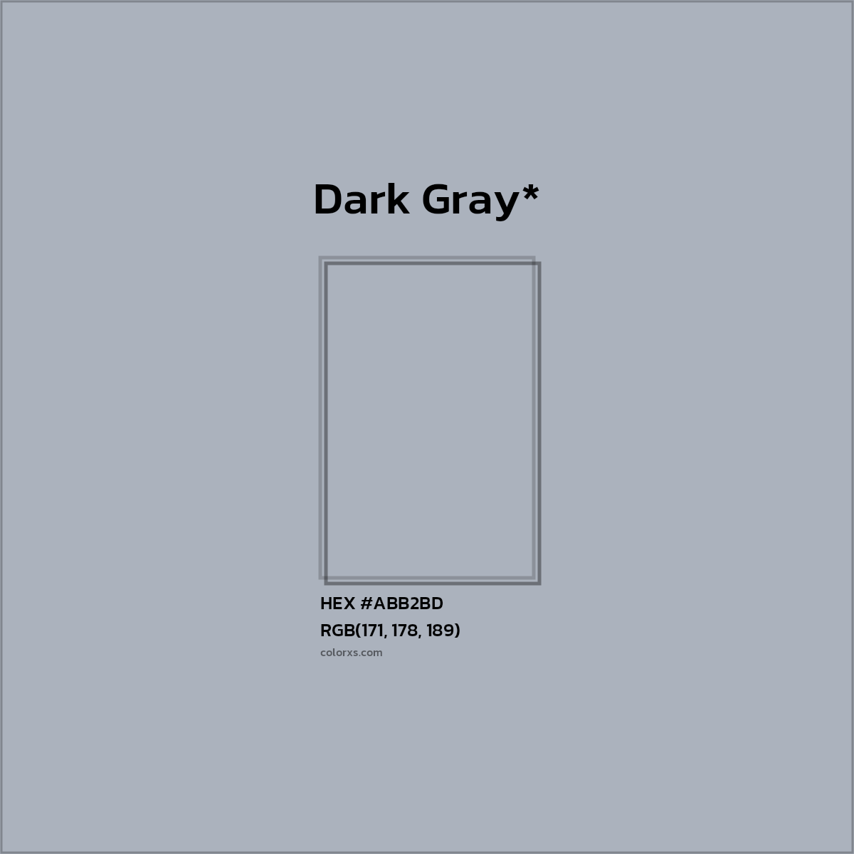 #ABB2BD hex color. RGB, RYB, CMYK, HSL, HSV codes and color conversions. Matching color names, palettes, paints.