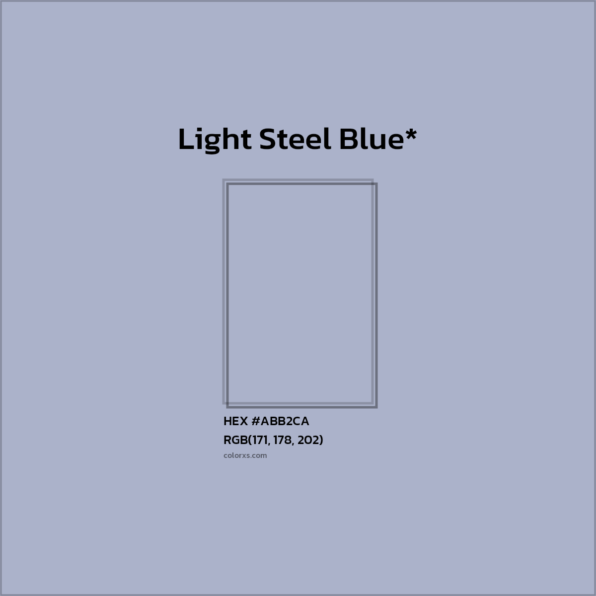 #ABB2CA hex color. RGB, RYB, CMYK, HSL, HSV codes and color conversions. Matching color names, palettes, paints.