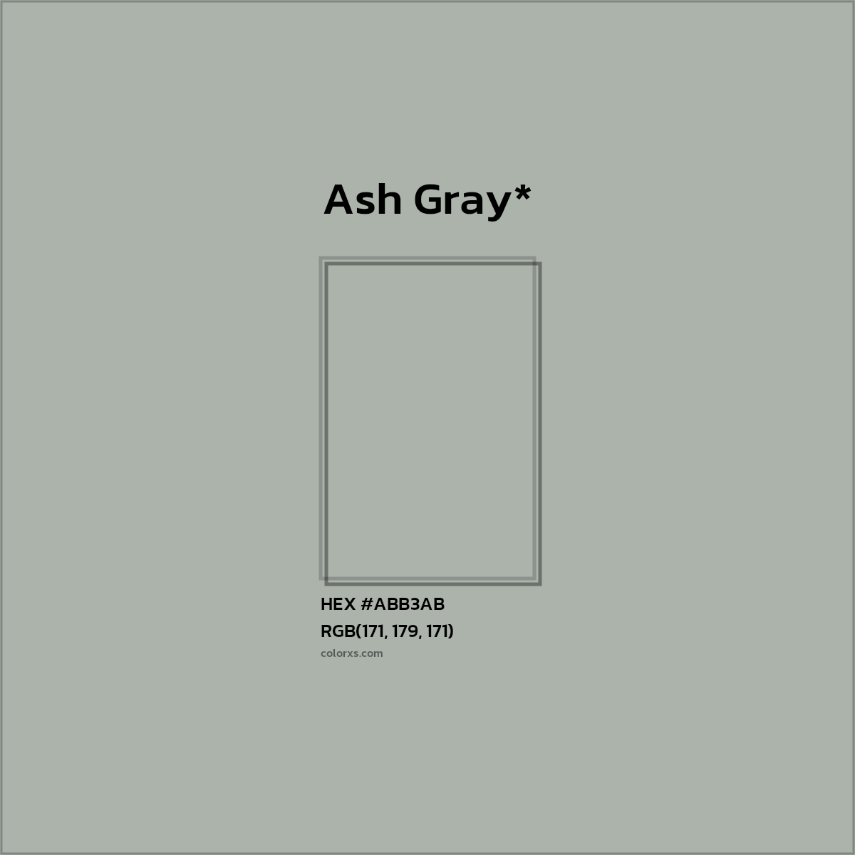 #ABB3AB hex color. RGB, RYB, CMYK, HSL, HSV codes and color conversions. Matching color names, palettes, paints.