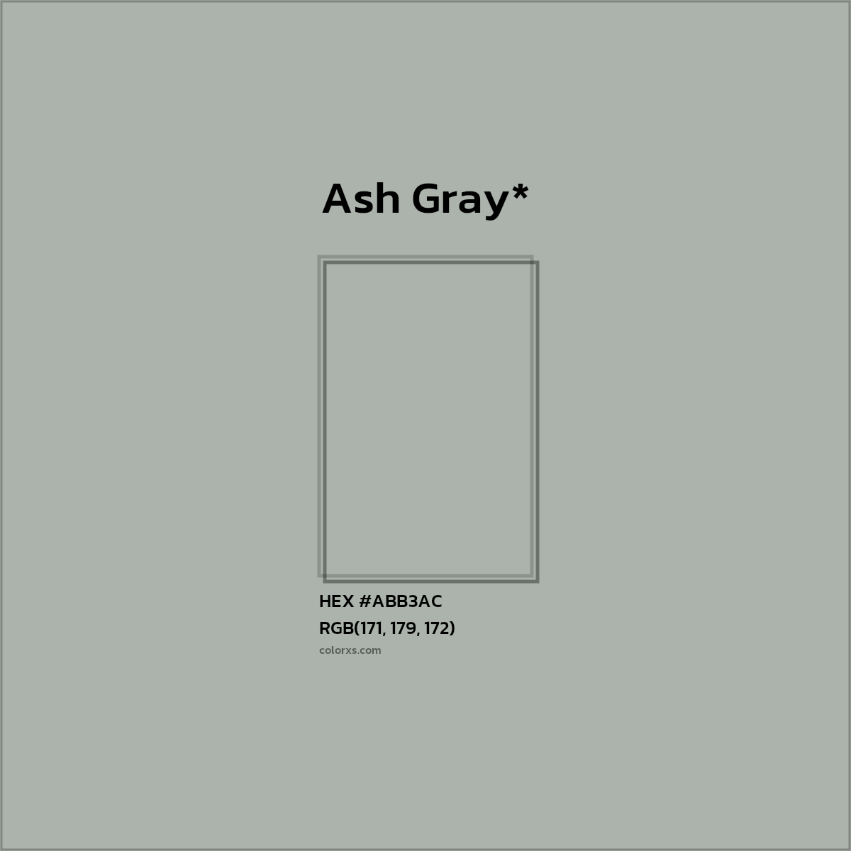 #ABB3AC hex color. RGB, RYB, CMYK, HSL, HSV codes and color conversions. Matching color names, palettes, paints.
