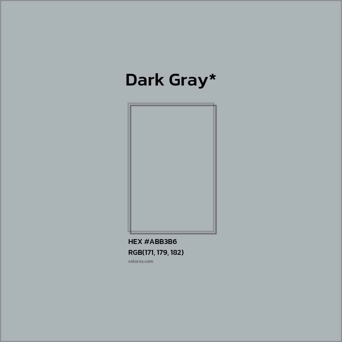 #ABB3B6 hex color. RGB, RYB, CMYK, HSL, HSV codes and color conversions. Matching color names, palettes, paints.