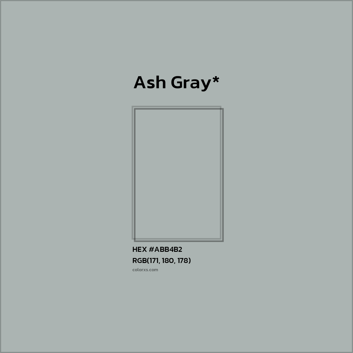 #ABB4B2 hex color. RGB, RYB, CMYK, HSL, HSV codes and color conversions. Matching color names, palettes, paints.