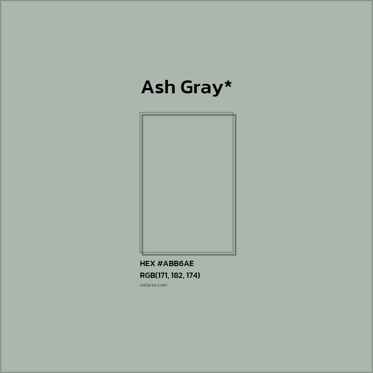#ABB6AE hex color. RGB, RYB, CMYK, HSL, HSV codes and color conversions. Matching color names, palettes, paints.