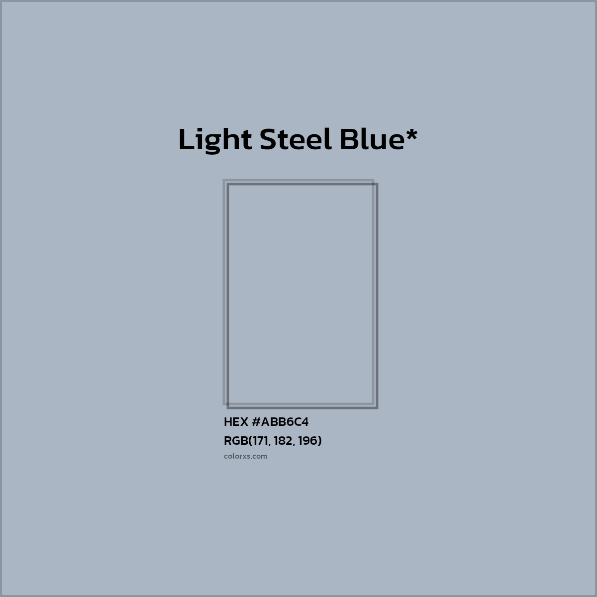 #ABB6C4 hex color. RGB, RYB, CMYK, HSL, HSV codes and color conversions. Matching color names, palettes, paints.