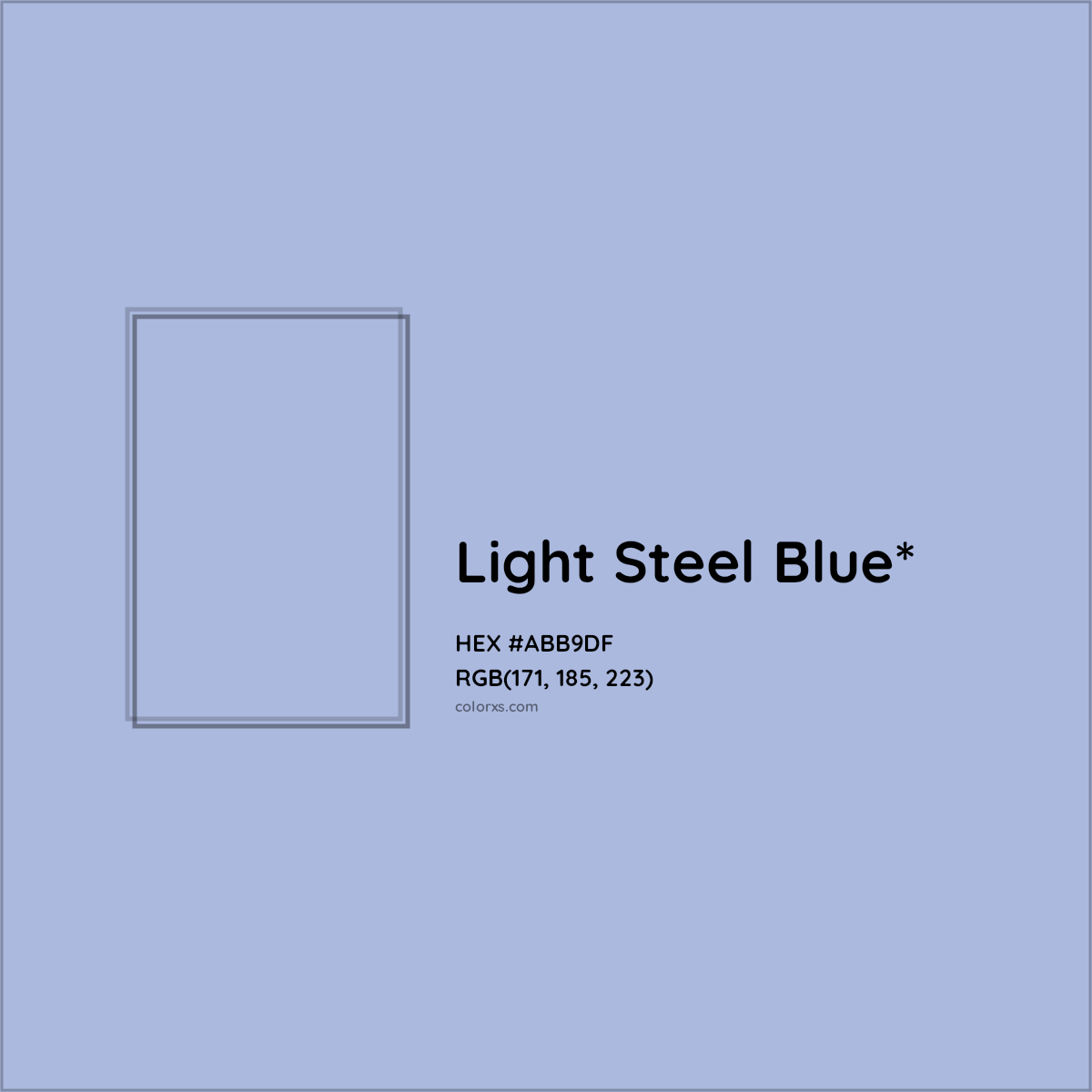 #ABB9DF hex color. RGB, RYB, CMYK, HSL, HSV codes and color conversions. Matching color names, palettes, paints.