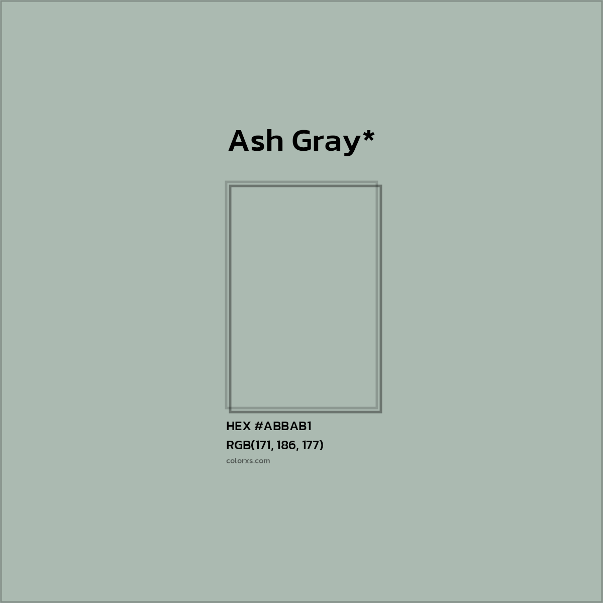 #ABBAB1 hex color. RGB, RYB, CMYK, HSL, HSV codes and color conversions. Matching color names, palettes, paints.