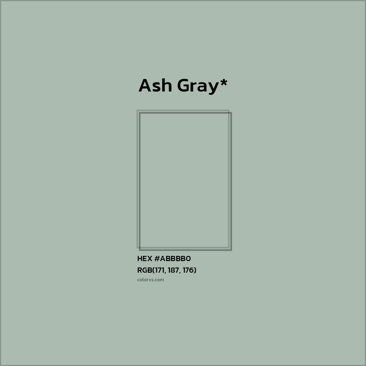 #ABBBB0 hex color. RGB, RYB, CMYK, HSL, HSV codes and color conversions. Matching color names, palettes, paints.