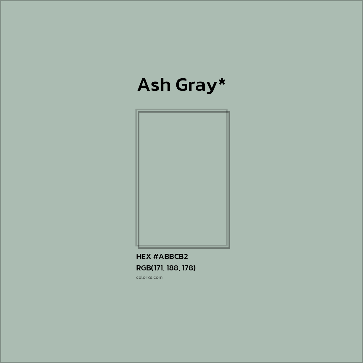 #ABBCB2 hex color. RGB, RYB, CMYK, HSL, HSV codes and color conversions. Matching color names, palettes, paints.