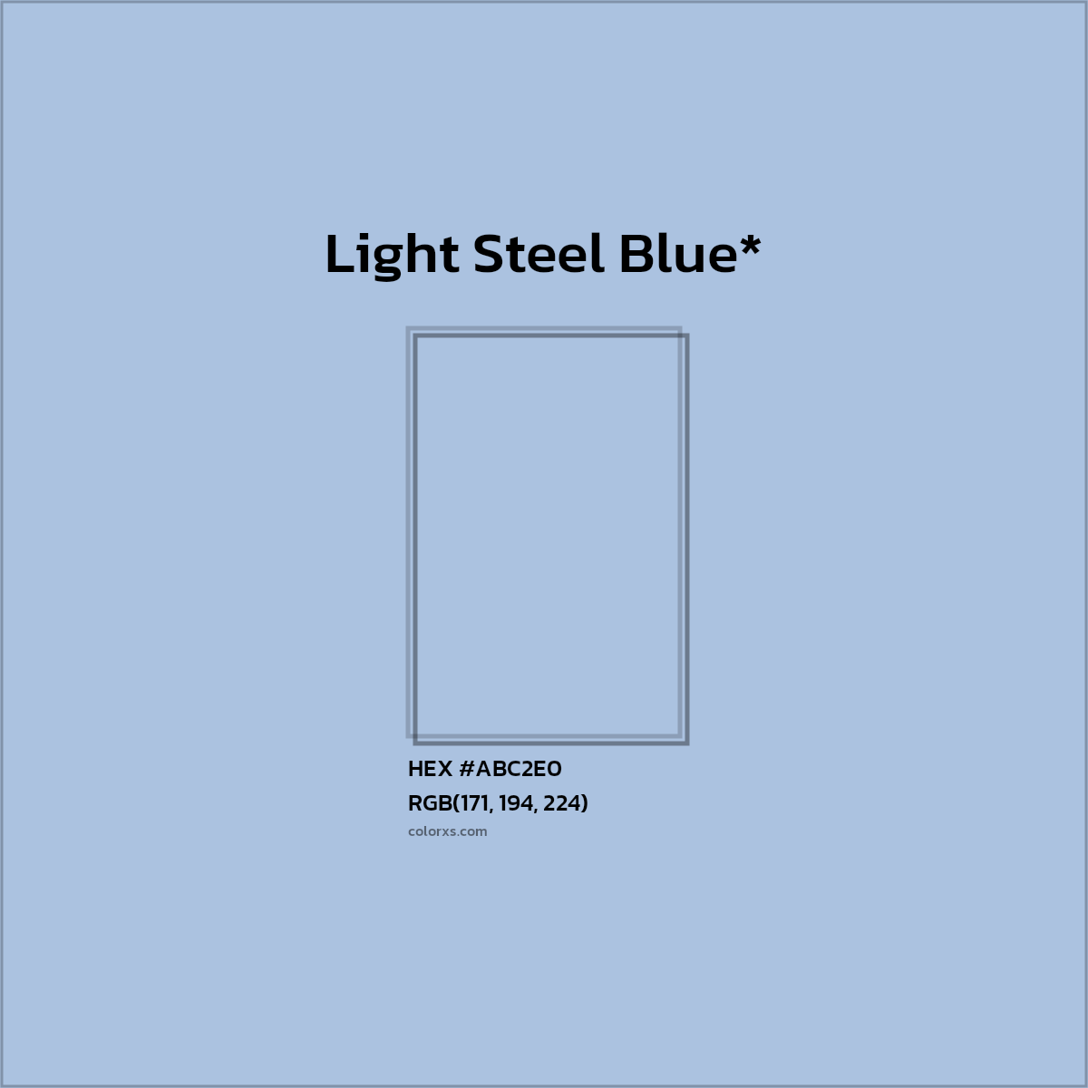#ABC2E0 hex color. RGB, RYB, CMYK, HSL, HSV codes and color conversions. Matching color names, palettes, paints.