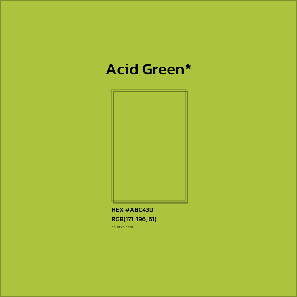 #ABC43D hex color. RGB, RYB, CMYK, HSL, HSV codes and color conversions. Matching color names, palettes, paints.