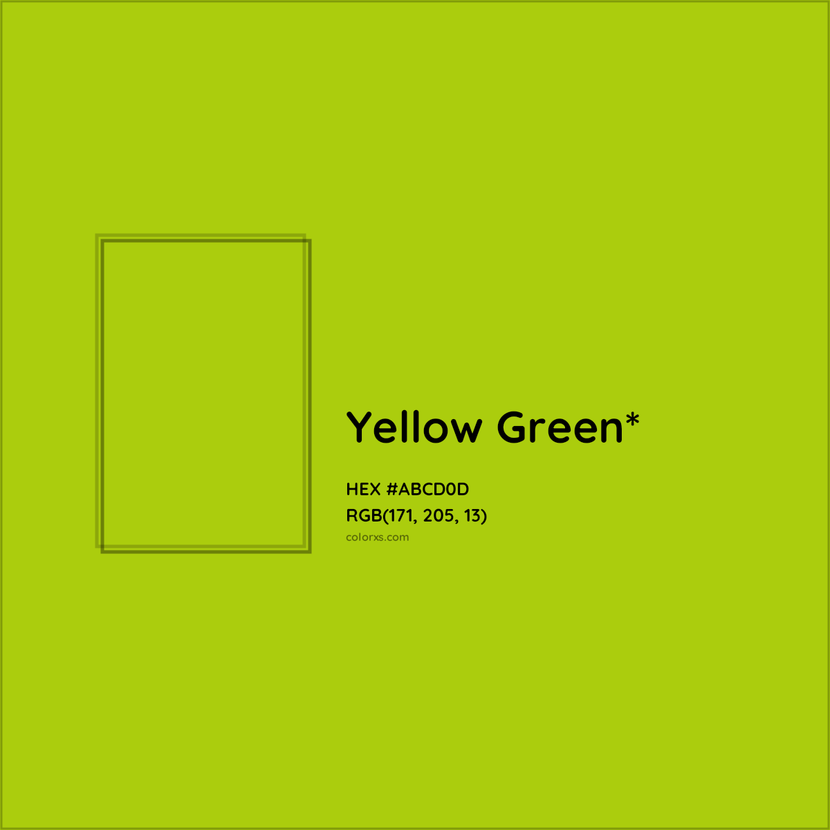 #ABCD0D hex color. RGB, RYB, CMYK, HSL, HSV codes and color conversions. Matching color names, palettes, paints.