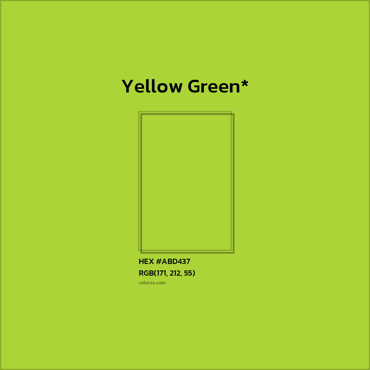 #ABD437 hex color. RGB, RYB, CMYK, HSL, HSV codes and color conversions. Matching color names, palettes, paints.