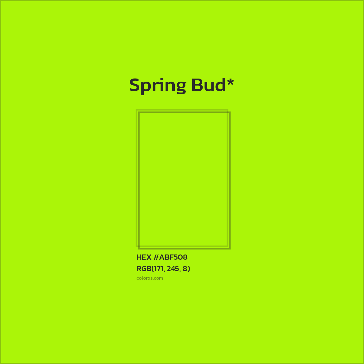 #ABF508 hex color. RGB, RYB, CMYK, HSL, HSV codes and color conversions. Matching color names, palettes, paints.