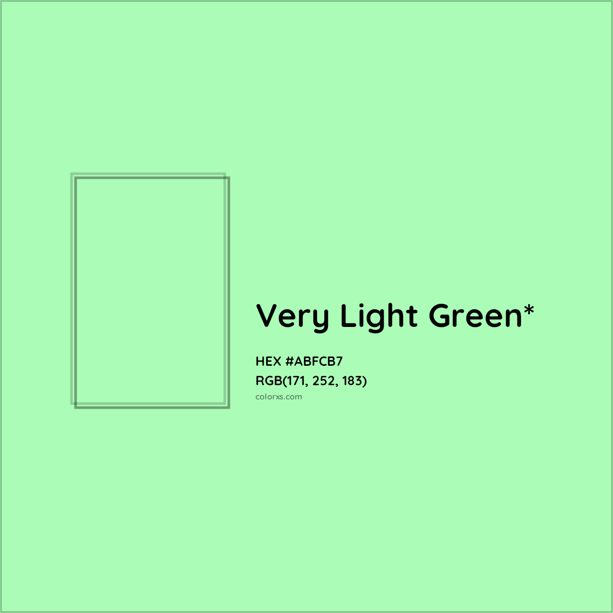 #ABFCB7 hex color. RGB, RYB, CMYK, HSL, HSV codes and color conversions. Matching color names, palettes, paints.