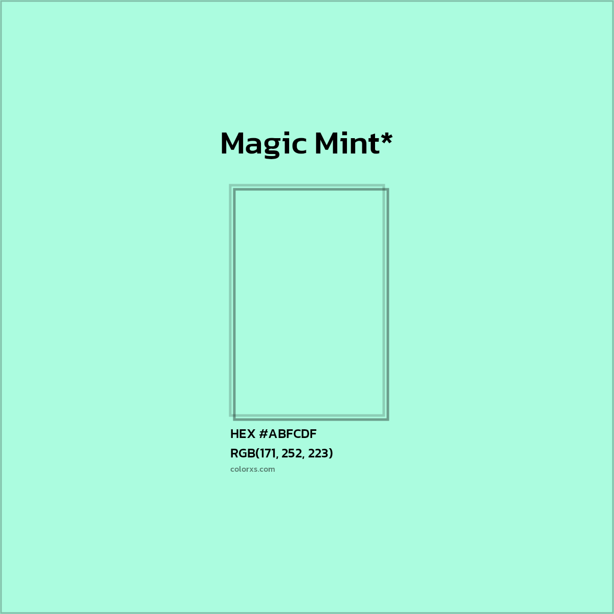 #ABFCDF hex color. RGB, RYB, CMYK, HSL, HSV codes and color conversions. Matching color names, palettes, paints.