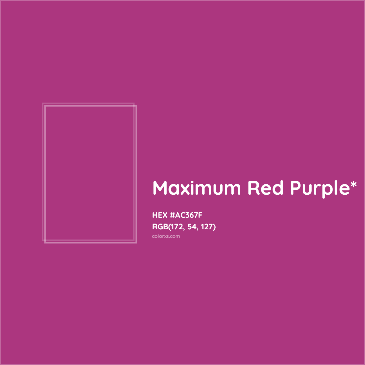 #AC367F hex color. RGB, RYB, CMYK, HSL, HSV codes and color conversions. Matching color names, palettes, paints.