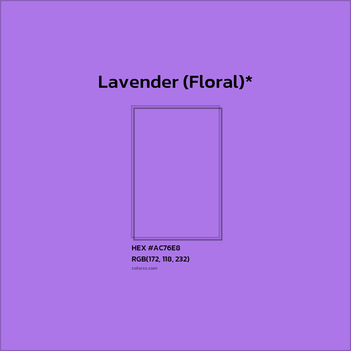 #AC76E8 hex color. RGB, RYB, CMYK, HSL, HSV codes and color conversions. Matching color names, palettes, paints.