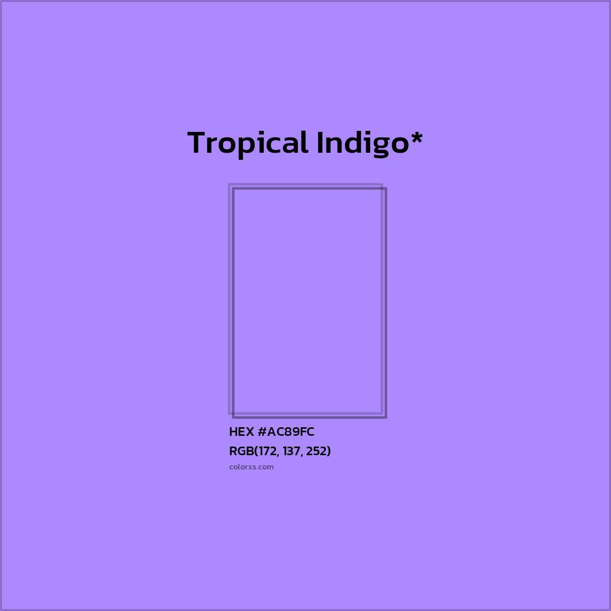 #AC89FC hex color. RGB, RYB, CMYK, HSL, HSV codes and color conversions. Matching color names, palettes, paints.