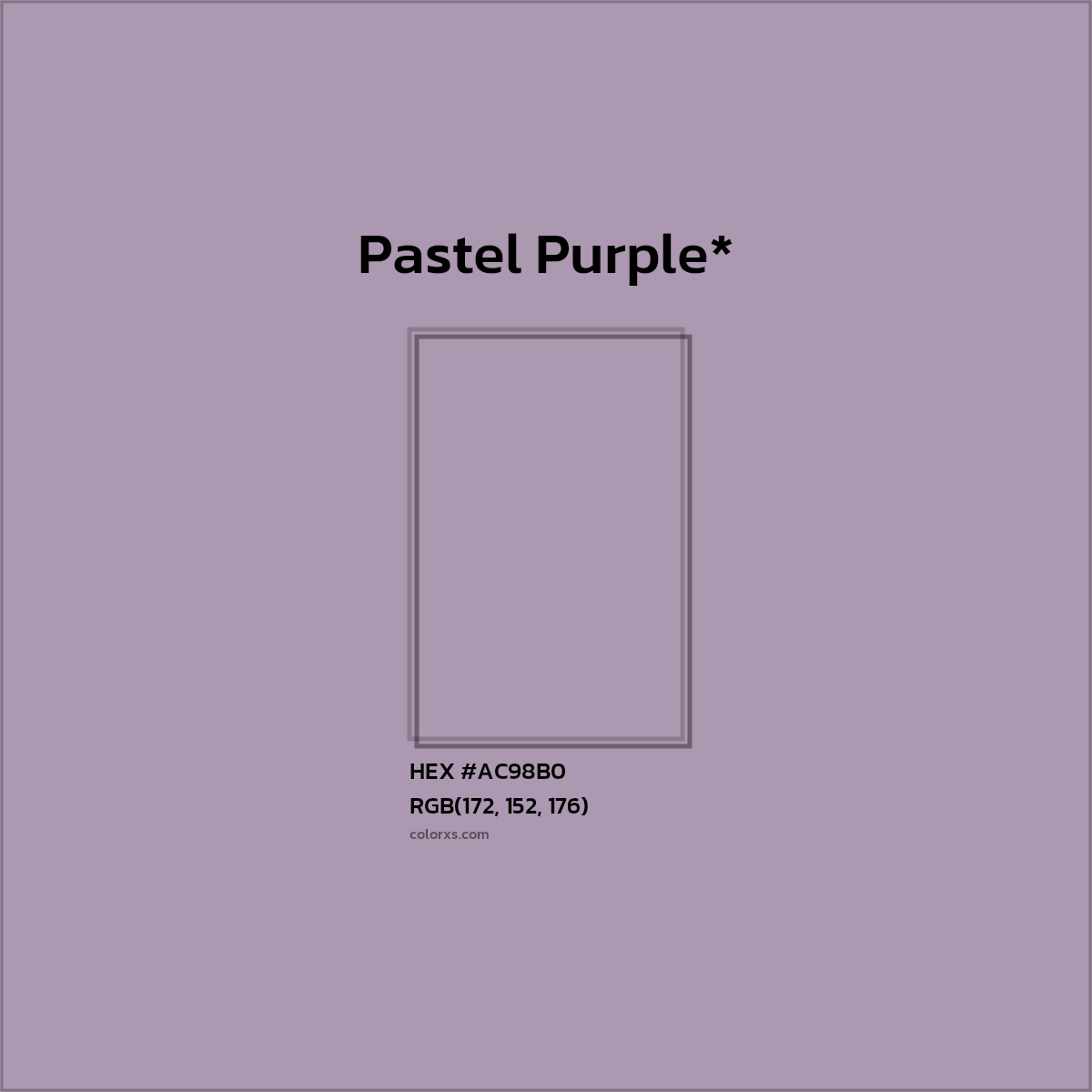 #AC98B0 hex color. RGB, RYB, CMYK, HSL, HSV codes and color conversions. Matching color names, palettes, paints.