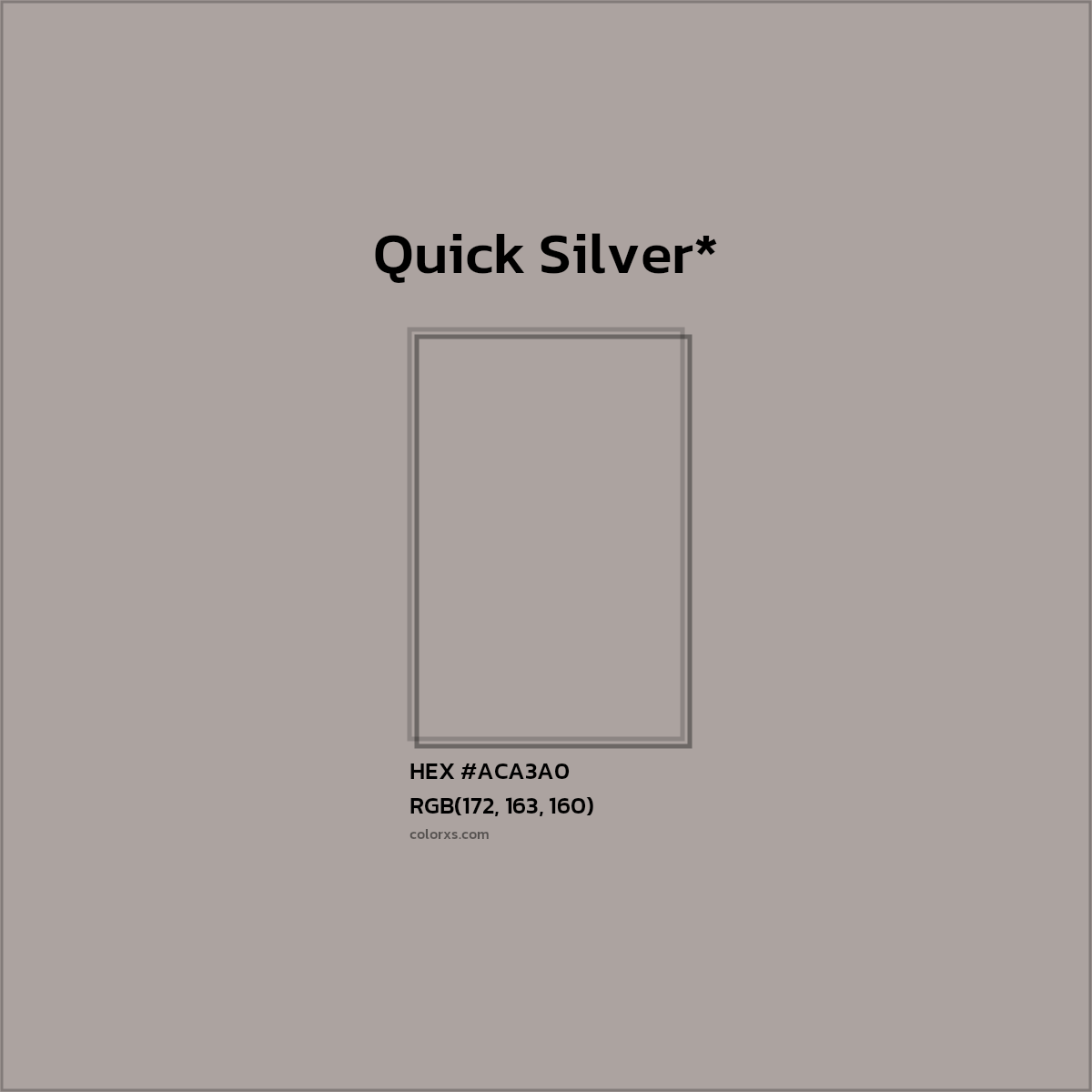 #ACA3A0 hex color. RGB, RYB, CMYK, HSL, HSV codes and color conversions. Matching color names, palettes, paints.