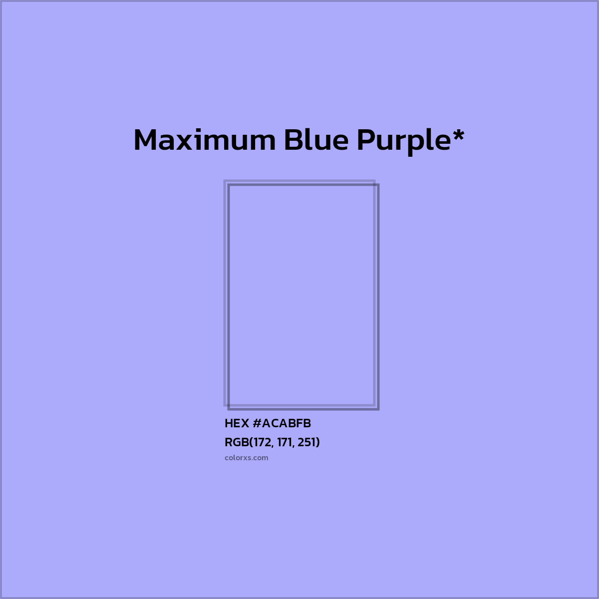 #ACABFB hex color. RGB, RYB, CMYK, HSL, HSV codes and color conversions. Matching color names, palettes, paints.