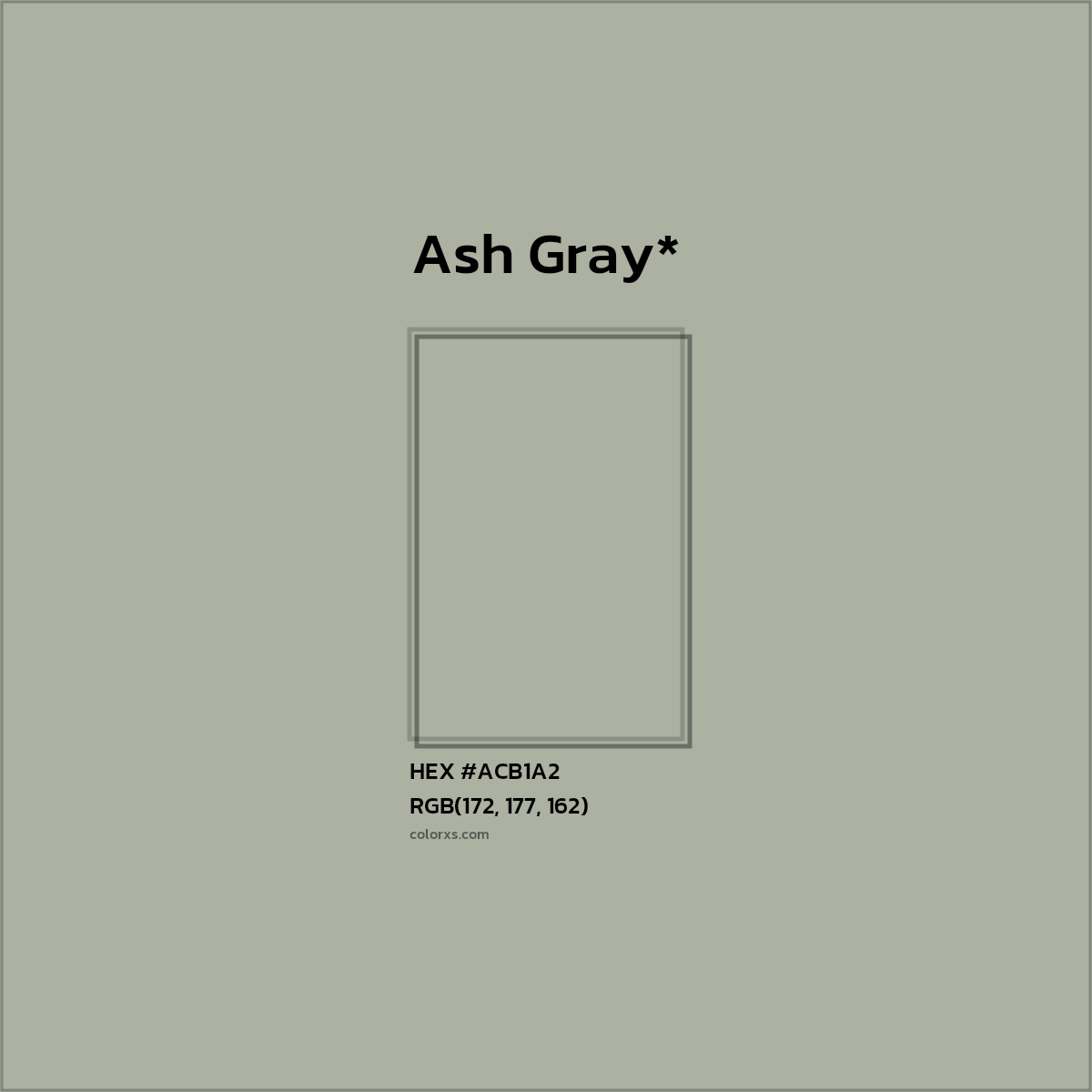 #ACB1A2 hex color. RGB, RYB, CMYK, HSL, HSV codes and color conversions. Matching color names, palettes, paints.