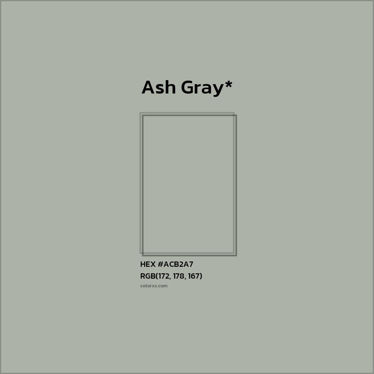 #ACB2A7 hex color. RGB, RYB, CMYK, HSL, HSV codes and color conversions. Matching color names, palettes, paints.